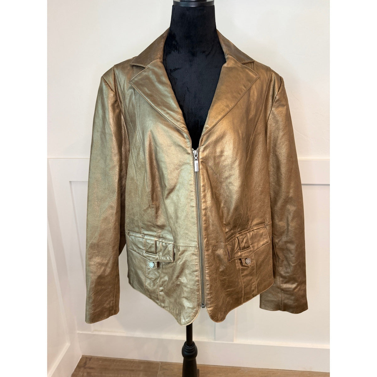 Bernardo Gold Metallic Genuine Leather Zip Blazer Jacket Womens 3X F0458
