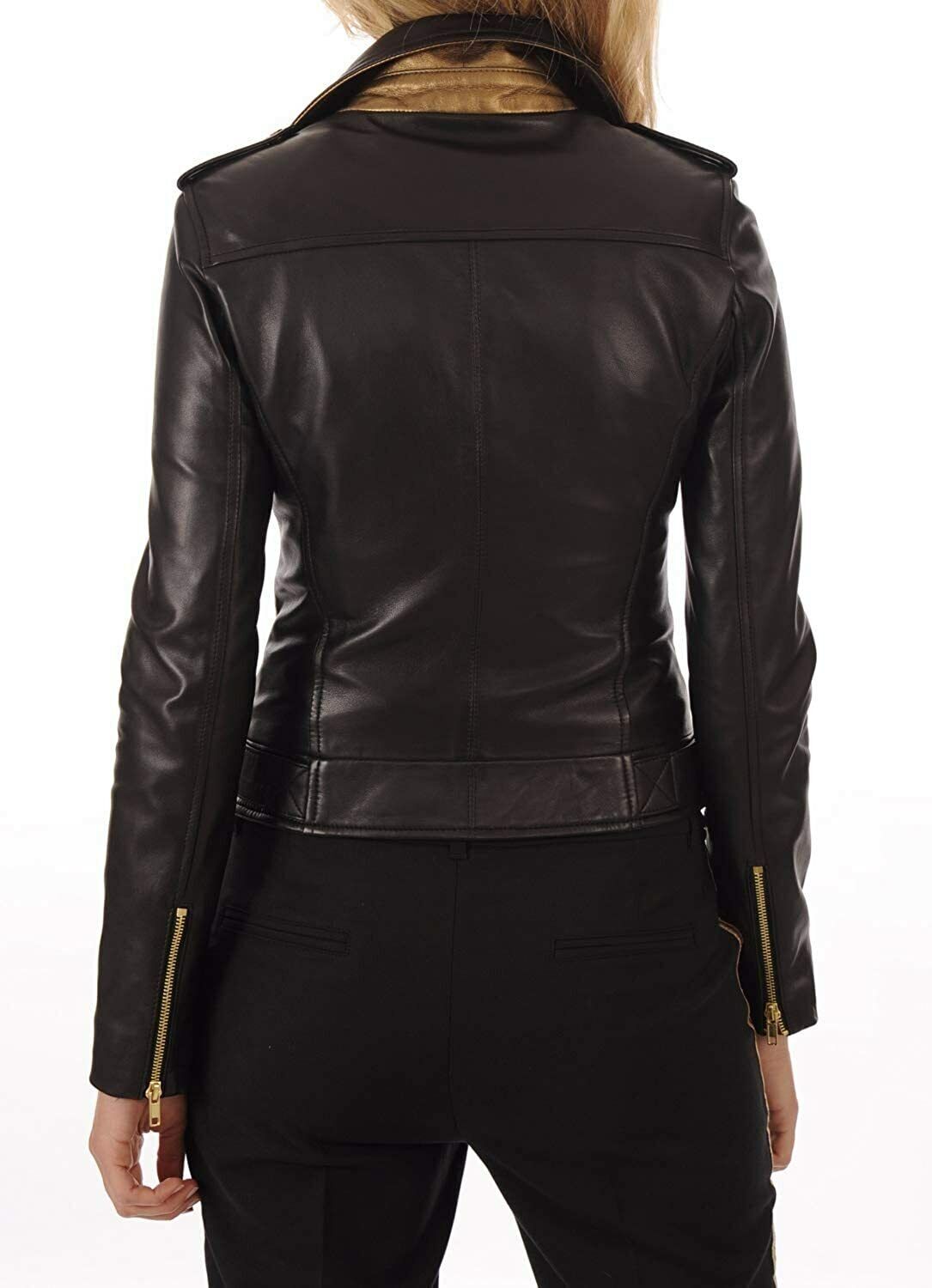 Women Retro Style Fashion Biker Jacket 100% Real Lambskin Leather Black Moto Coa