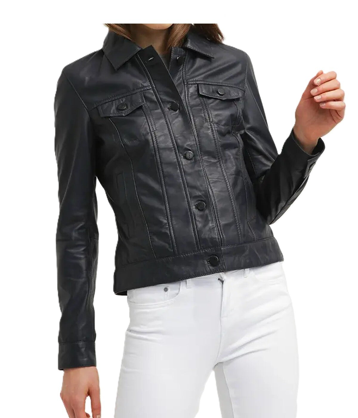 Women's Real Leather Black Trucker Jacket Soft Lambskin Jean Style Biker Jacket
