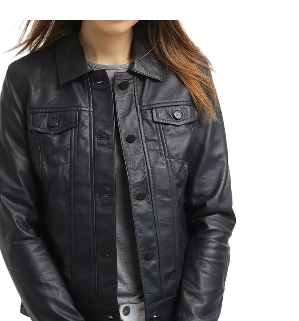 Women's Real Leather Black Trucker Jacket Soft Lambskin Jean Style Biker Jacket